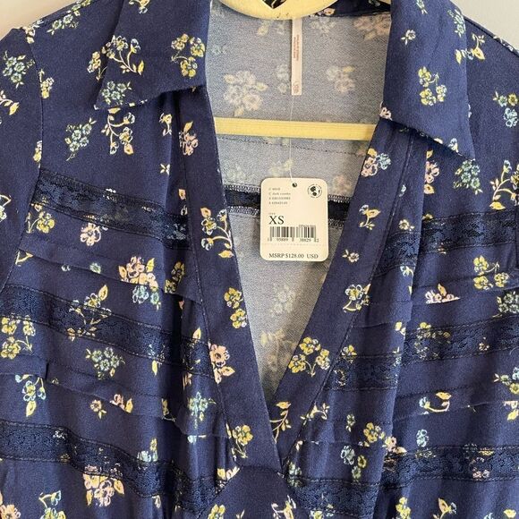 Free People Good Days Navy Blue Floral Long Sleeve Mini Dress | SZ XS - Picture 5 of 8